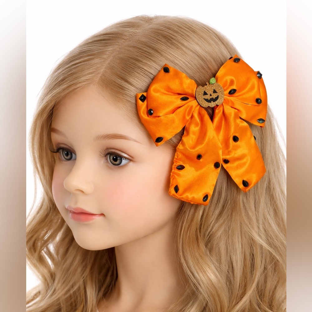 Halloween Orange Satin Hair Bow Jack O Lantern Rhinestone Girls Clip Costume